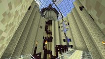 View inside the Temple of spiral stairwell and doorway to minecart station